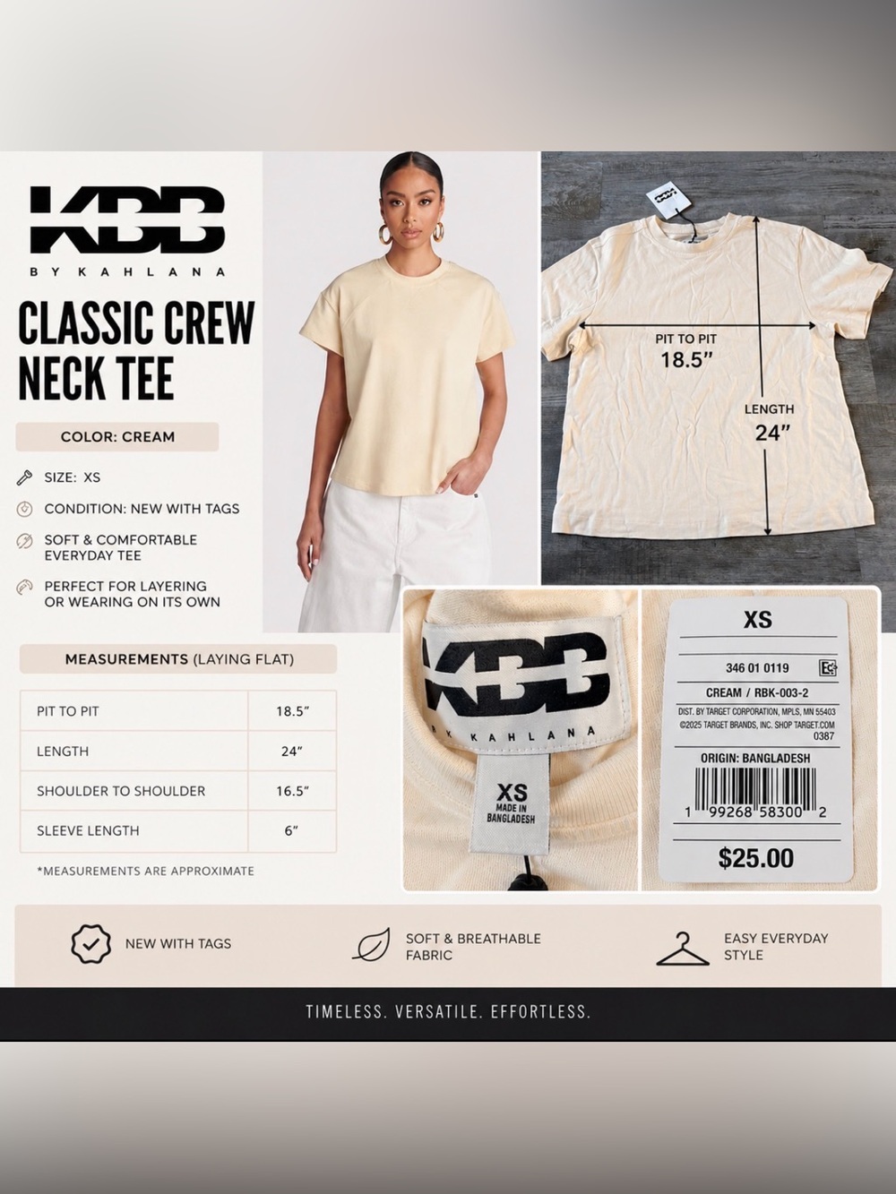 kbb by kahlana cream classic crew neck tee size xs nwt